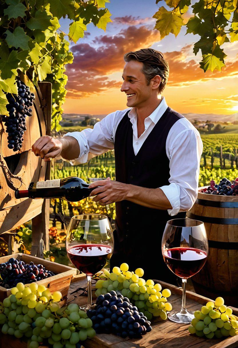 A vibrant vineyard scene at sunset, with lush green grapevines heavy with ripe grapes. In the foreground, a cheerful winemaker is joyfully pouring freshly made wine into a crystal glass, surrounded by artistic wine bottles and barrels. The sky is a kaleidoscope of warm colors, reflecting the harvest's jubilant spirit. Captivating textures of grapes and wine splash, embodying the essence of winemaking artistry. super-realistic. vibrant colors. warm tones.
