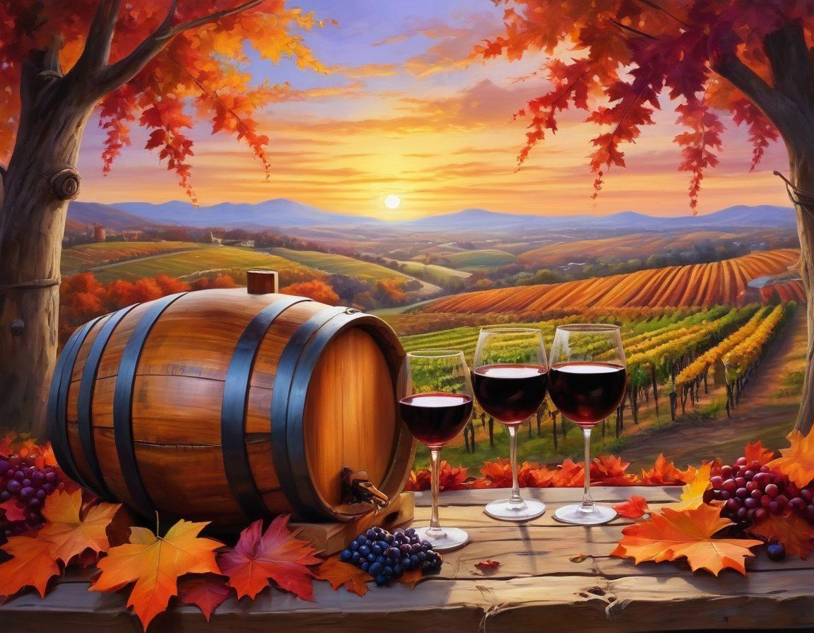 A picturesque vineyard at sunset, with rows of grapevines laden with ripe grapes, a rustic wooden wine barrel in the foreground, and a couple clinking glasses of red wine, surrounded by vibrant autumn leaves. The sky is painted in warm hues of orange and purple, evoking a sense of joy and celebration. super-realistic. vibrant colors. painting.