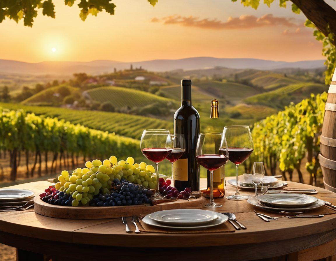 A beautifully set table adorned with elegantly poured glasses of wine, surrounded by lush vineyards under a golden sunset. Grapes and wine barrels are artfully placed in the scene to evoke a sense of richness and celebration. A corkscrew, a wine decanter, and soft candlelight enhance the intimate atmosphere. The backdrop features rolling hills of grapevines, capturing the essence of viniculture. super-realistic. vibrant colors. warm lighting.